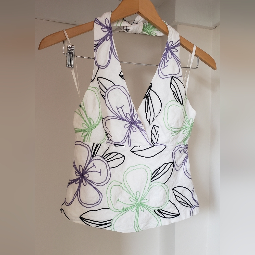 LOFT White Halter Top with Purple & Mint Floral Embroidery
